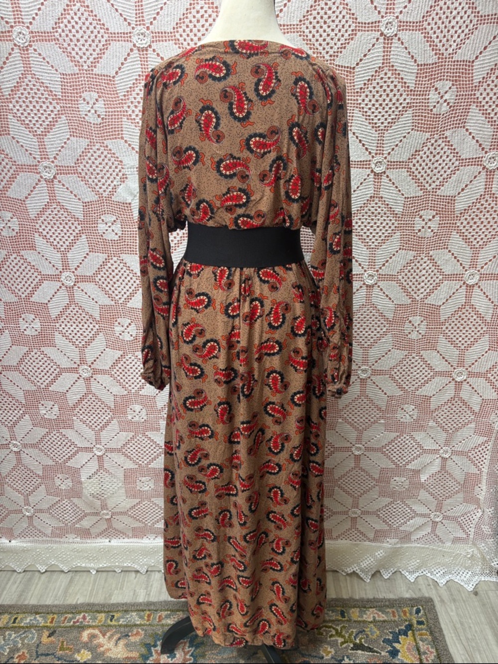 Vintage Paisley Maxi Dress Brown Red Boho Flowy One Size - Picture 7 of 10